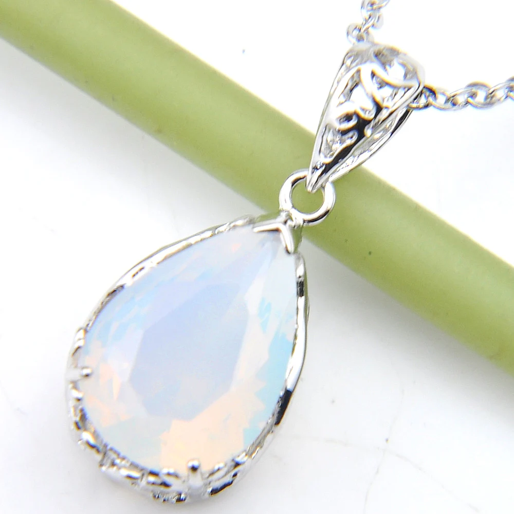 Luckyshine New Water Drop Fire Moonstone Silver Plated Wedding Pendants Russia USA Australia Pendants Necklaces