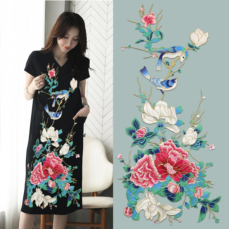 85CM High Quality Large Size Embroidered Magnolia Peony Flower Patches for Clothes Sew On DIY Applique Embroidery Bird Patch