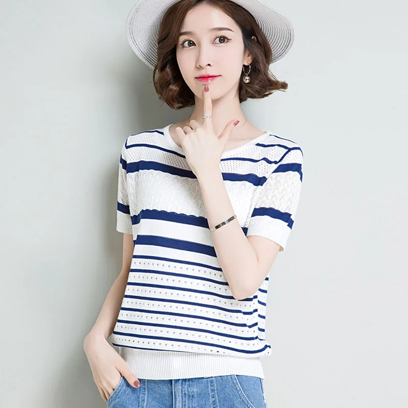 2021 Summer Women Tops Pullover Striped Short Sleeve Ladies Fashion Yellow Cool Pull Femme Hiver New Arrival Jumper Knitwear