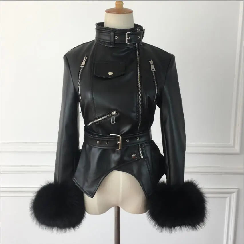 

Zipper stitching fur sleeve PU jacket 2024 autumn new female motorcycle PU leather jacket short paragraph Slim pu jacket wq1162