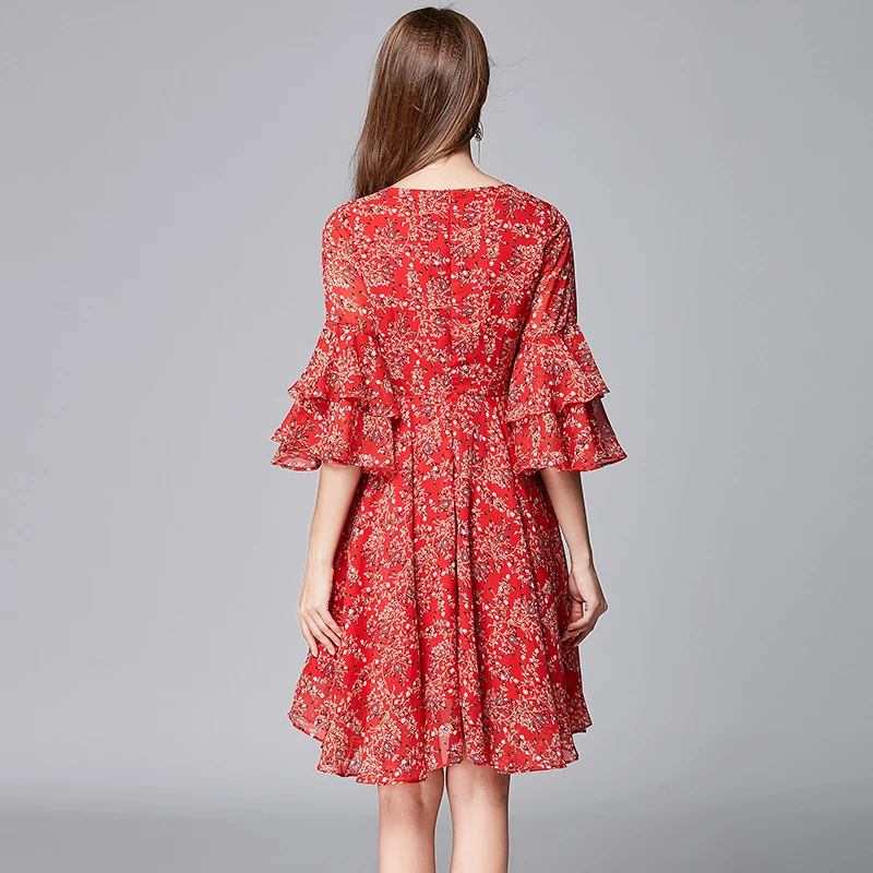 TAOYIZHUAI Summer new arrival red color butterfly sleeve V-neck three quarter fit and fare casual  style lady's dress 11616