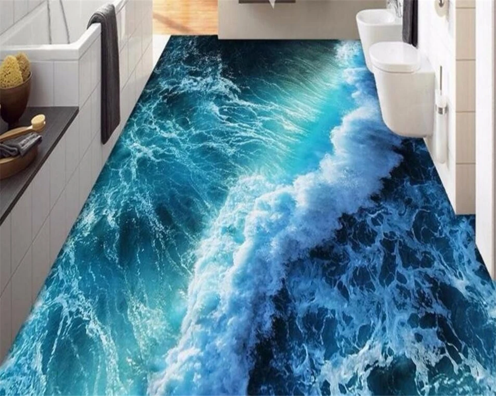 Beibehang Custom 3d personality summer waves painted floor super green on the bathroom floor wallpaper home 3D Floor photo