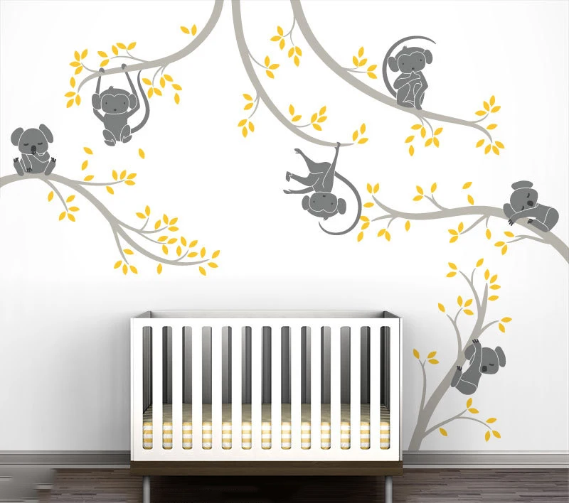 Monkey And Koala Tree Branches Wall Sticker Home Decor Nursery Nature Tree Art Mural Baby Kids Room Wall Decor 3d Poster A021