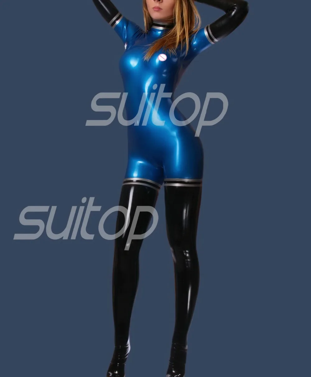 Nieuwe Latex Catsuit Rubber Zentai Hoge Quanlity Niveau Metallic Blauw En Zwart Met Handschoenen En Sokken