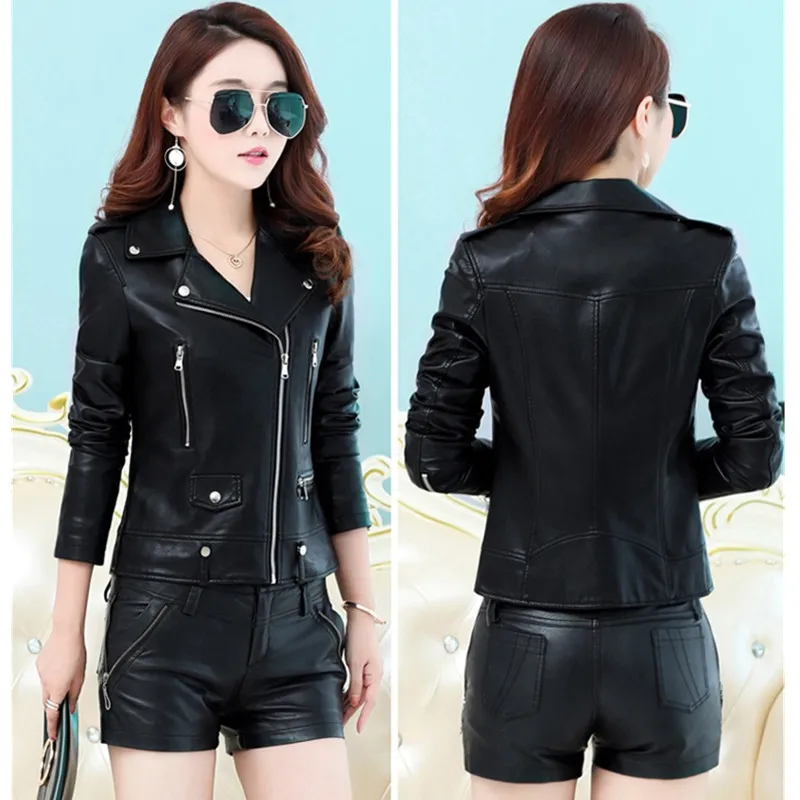 UHYTGF High Quality Short Coat Jacket Women Slim Spring Autumn Leather Outewear Female Zipper Luxury Leather Jacket Lady 4XL 963