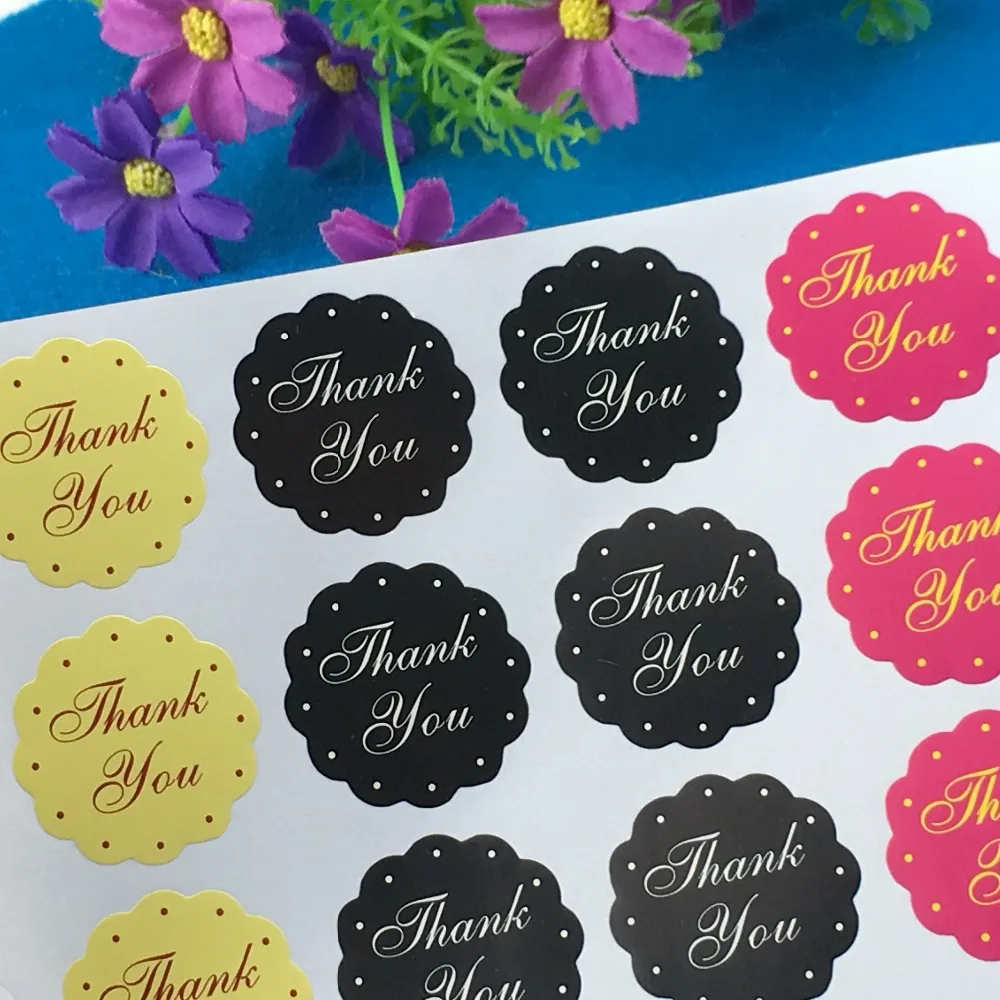 

1200PCS/Lot Yellow&Black&Rose Red Color Flower-shaped"Thank you" Sticker Labels Adhesive Label Sealing For tips/box/jewelry/bag