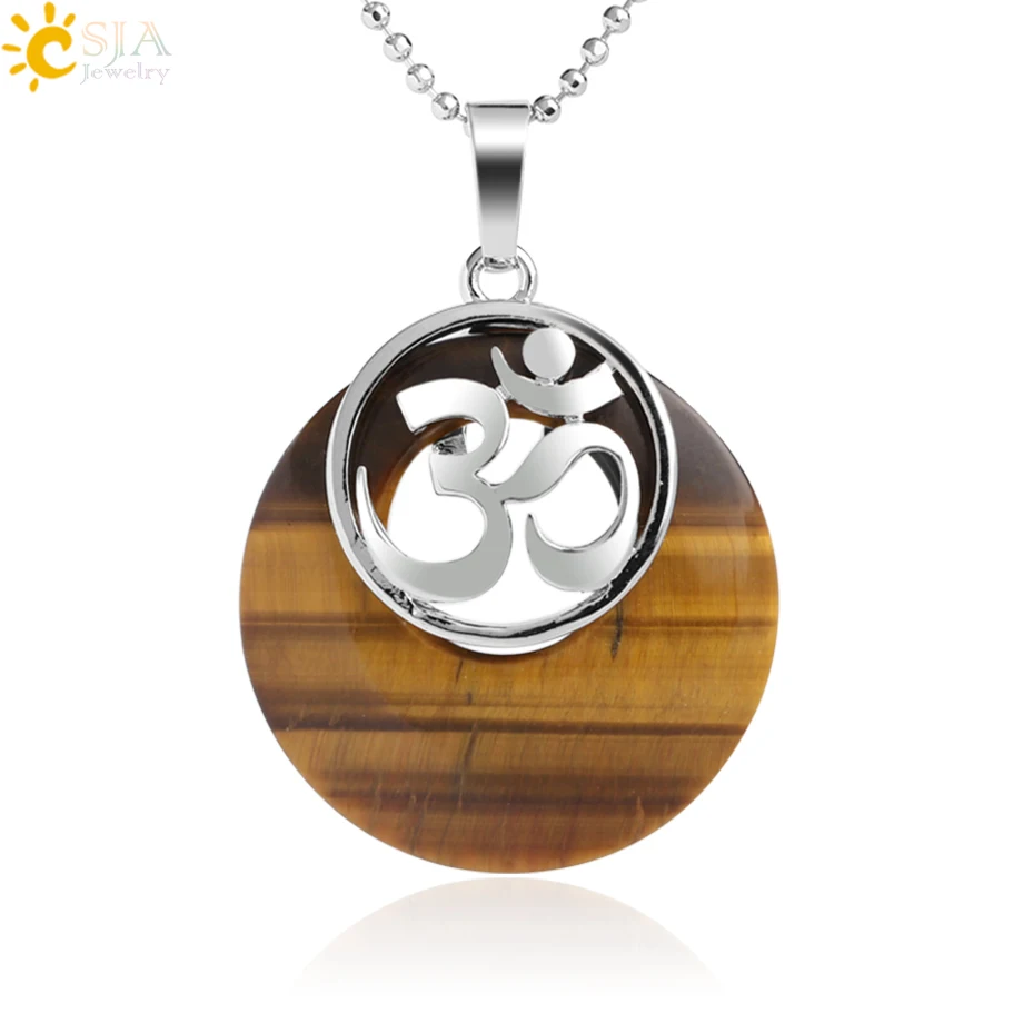 CSJA Natural Stone Pendants & Necklaces Religious AUM 3D Symbol Hollow Round Healing Pendant for Women Men Fashion Jewelry G050