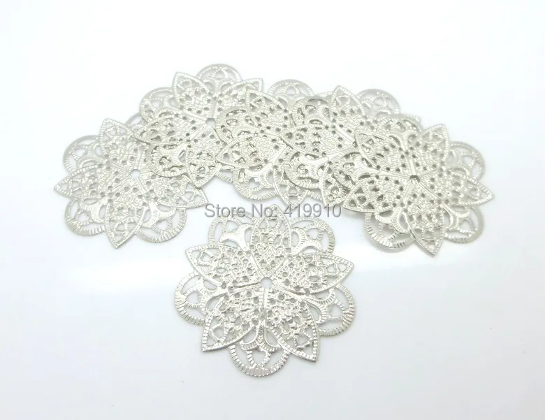 Free shipping-50Pcs Embellishment Findings Filigree Connectors Flower Silver Tone Hollow Gift Decoration DIY 4.5X4.5cm,J0593