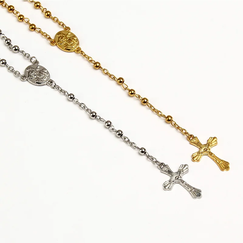 Catholic stainless steel rosary 4mm imitation gold rosary necklace. Rose pattern long chain prayer, blessing a necklace