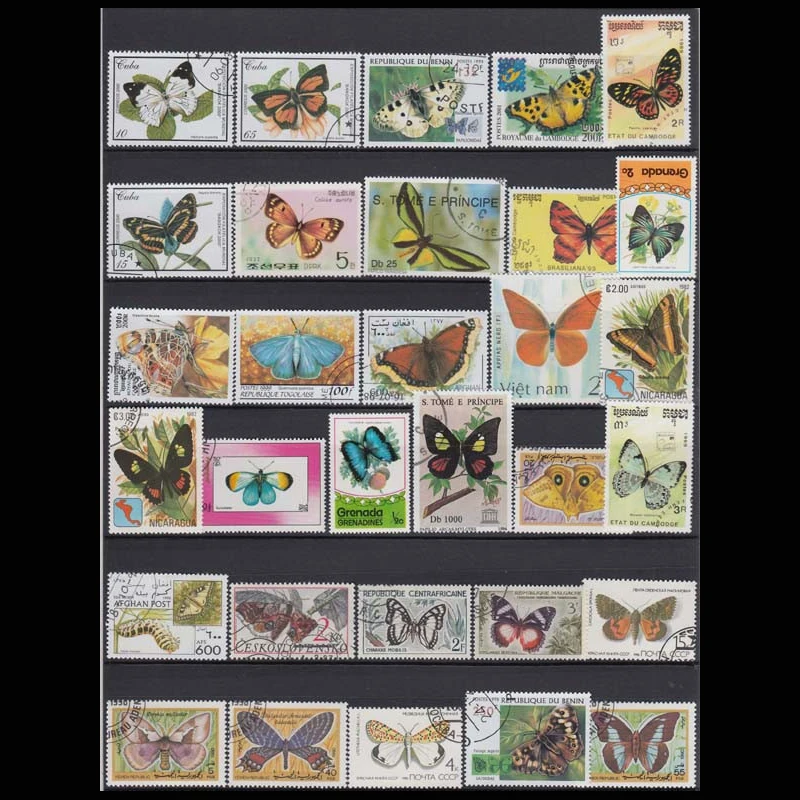 Lot 50 Pcs Butterflies and Moths Original Stamps with Postage Mark Good Condition No Repeat Stamp