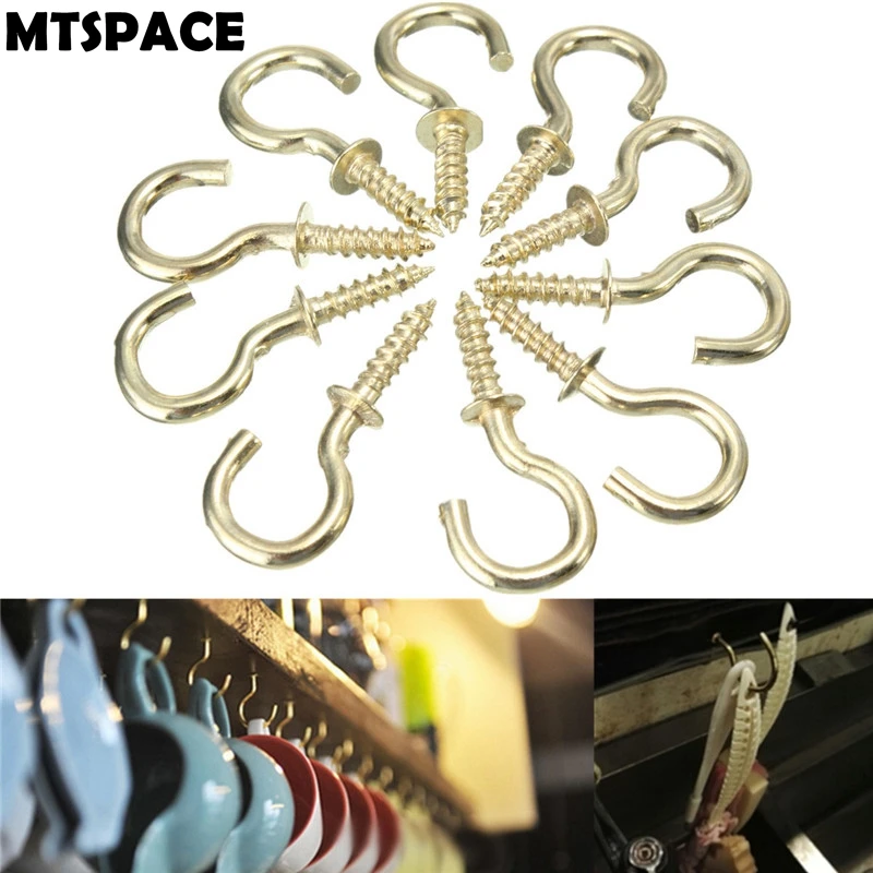 MTSPACE 20pcs/Set 1/2 Inches Brass Plated Cup Hooks Shouldered Screw Hanging Hat Coat Peg Hanger Home Office Hardware Hooks