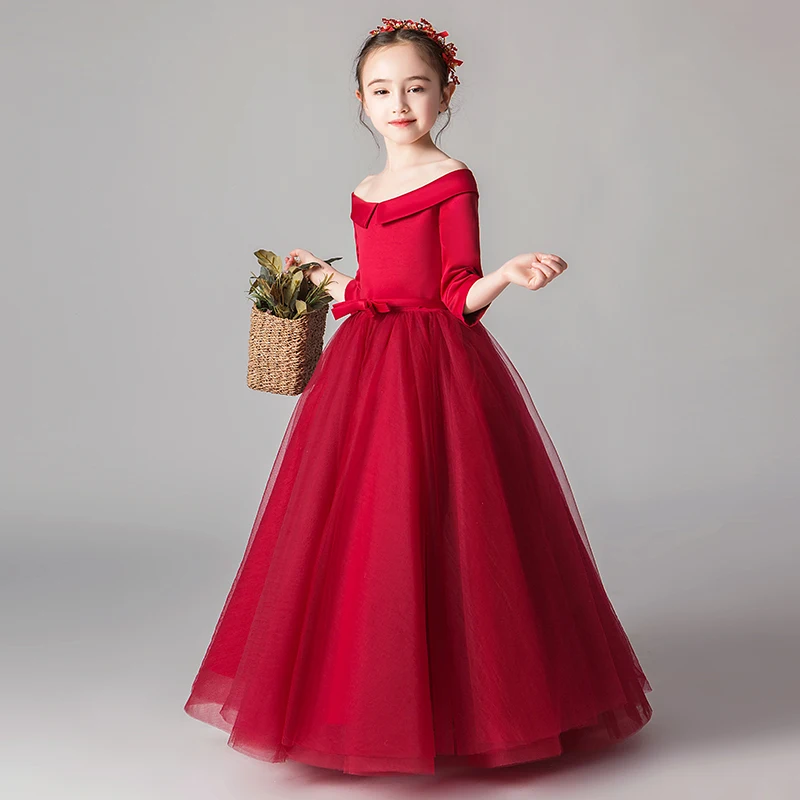 JaneVini Simple A Line Long Burgundy Flower Girl Dress 2019 Boat Neck Tulle Floor Length Kids Birthday Dresses Galajurk Meisjes