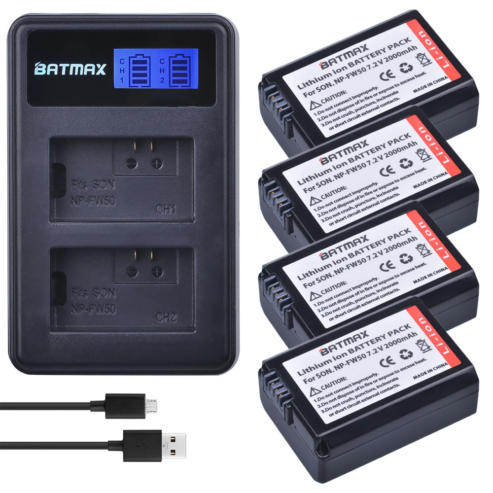 4X 2000mAh NP-FW50 NP FW50 FW50 Battery + LCD USB Dual Charger for Sony A6000 5100 a3000 a35 A55 a7s II alpha 55 alpha 7 A72 A7R