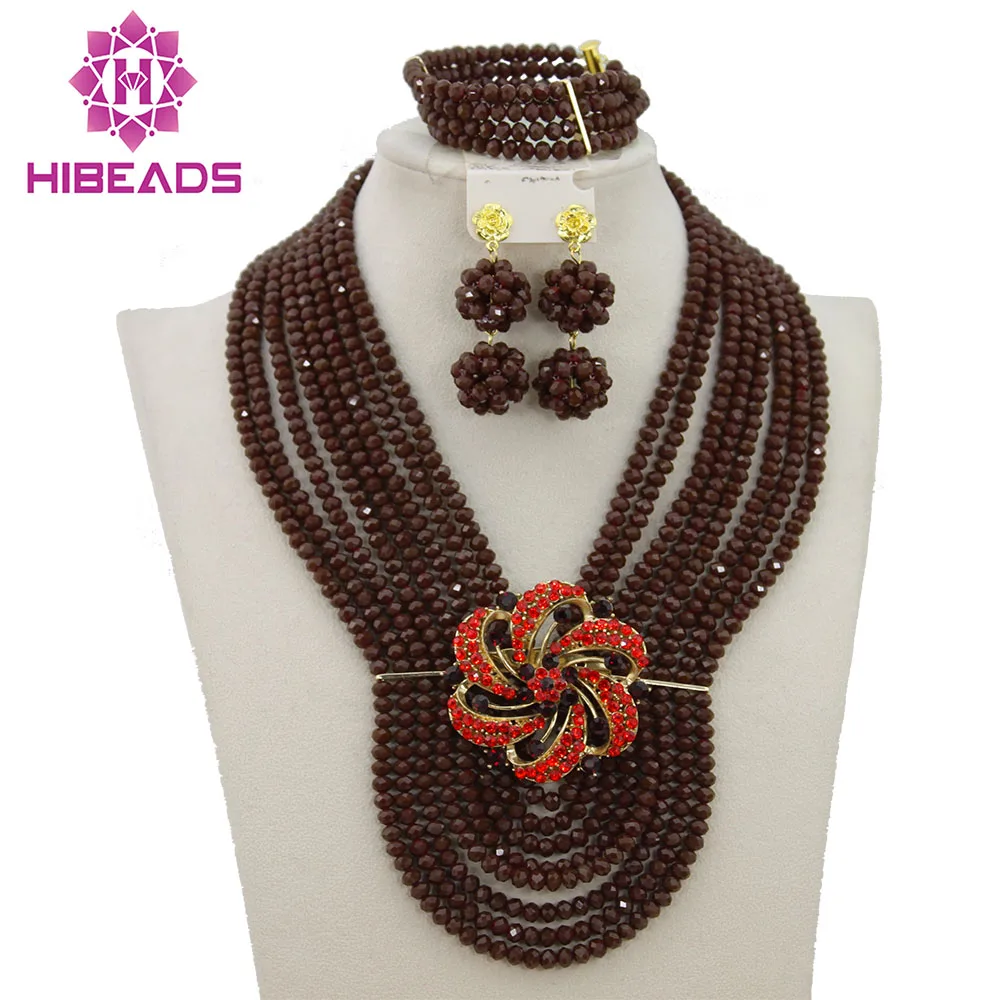 Popupar Wine Burgundy African Jewelry Set Crystal Beads Necklace Nigerian Wedding African Bridal Jewelry Free Shipping ABF508