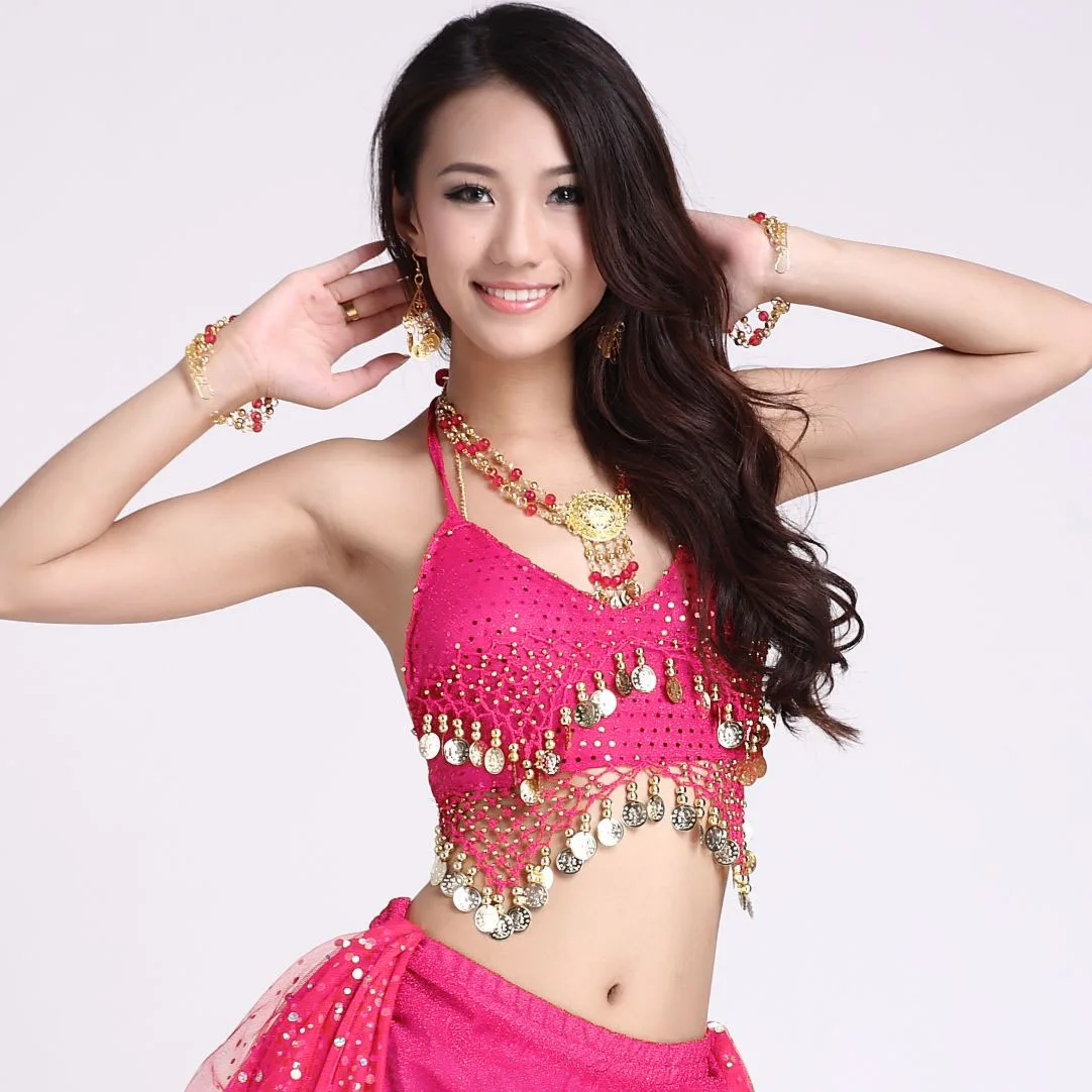 Belly Danceเครื่องแต่งกายไฮไลท์ผ้าตาข่ายสองแถวแขวนเหรียญเซ็กซี่Bra Topsผู้หญิงเต้นรำหน้าท้องTops Bra (หน้าอกPad)