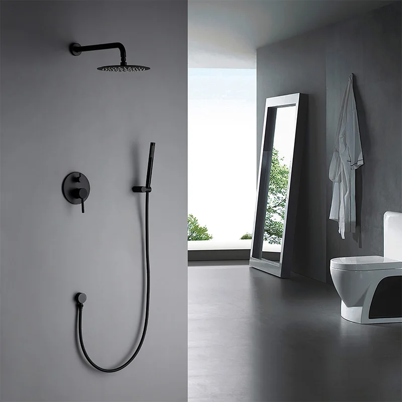 Imagem -02 - Matte Black Round Shower Conjunto com Torneiras Misturadoras Torneira do Banheiro Torneira de Banho Cabeça Redonda Braço de Parede Reto 10 12 Vendido