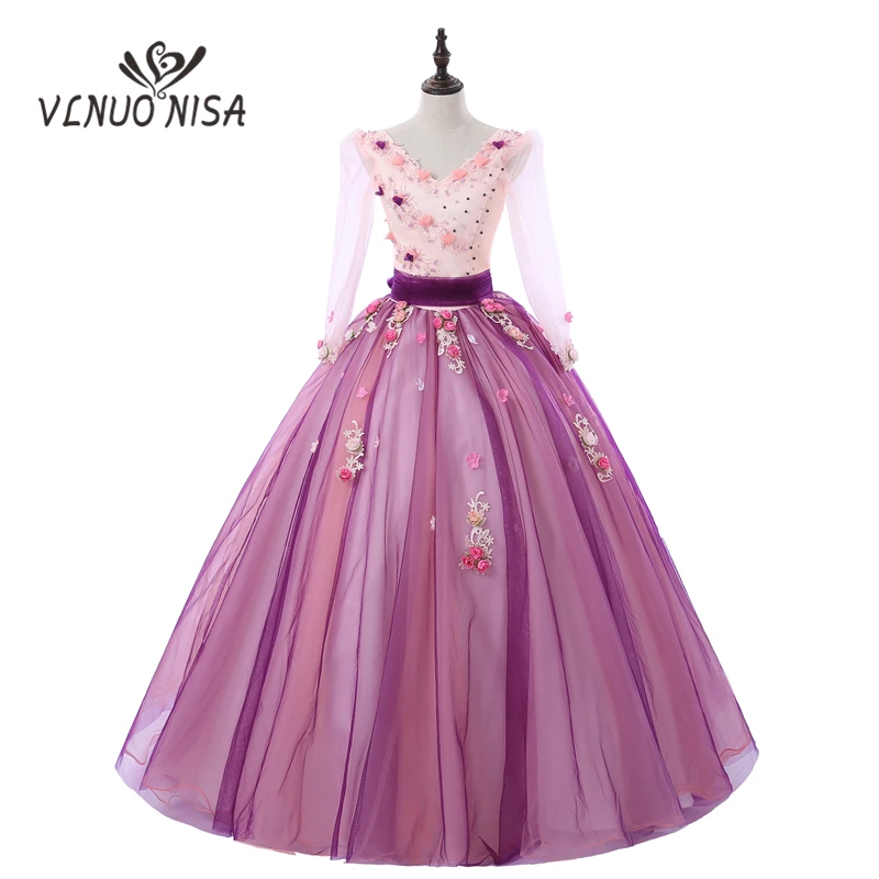 

VLNUO NISA Sweet Pink Long Evening Dress Sexy V-Neck Backless Floor-Length Tulle Ball Gown with Elegant Stereoscopic Flowers