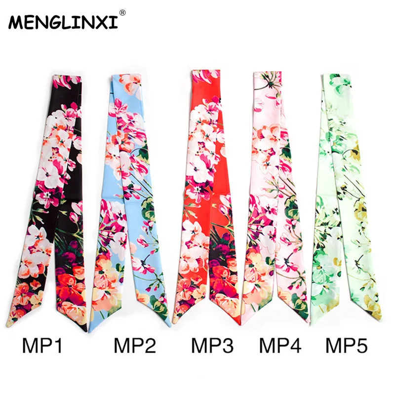 Luxury Brand Women Small Print Silk Scarf Floral Style Head Scarf Headband Handle Bag Ribbons Female Tie Small Long Scarves