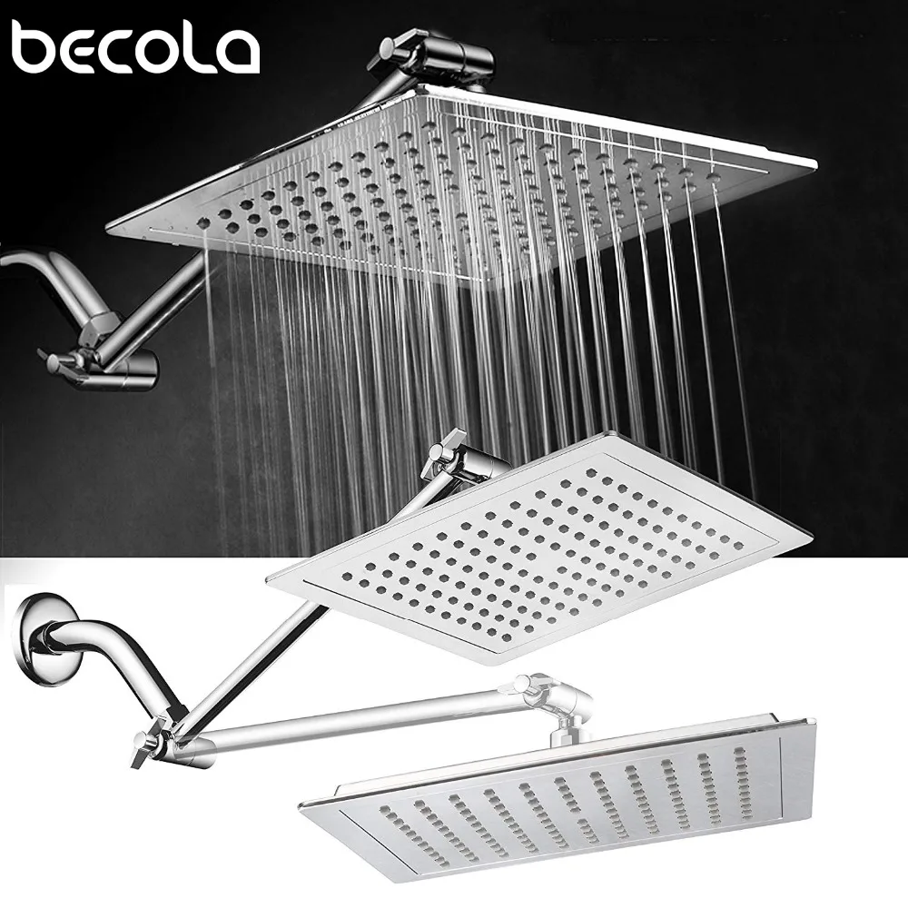 BECOLA Chrome Square Ultra Thin ABS Plastic 9 Inch Adjustable Rain Shower Head with Solid Brass Adjustable Extension Arm