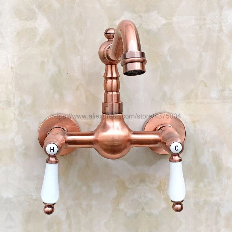 Imagem -04 - Cobre Antigo Torneiras de Lavatório Montado Parede Dupla Alça Dupla Buraco Pia do Banheiro Lavatório Torneira Misturadora de Água Nrg035 Vermelho