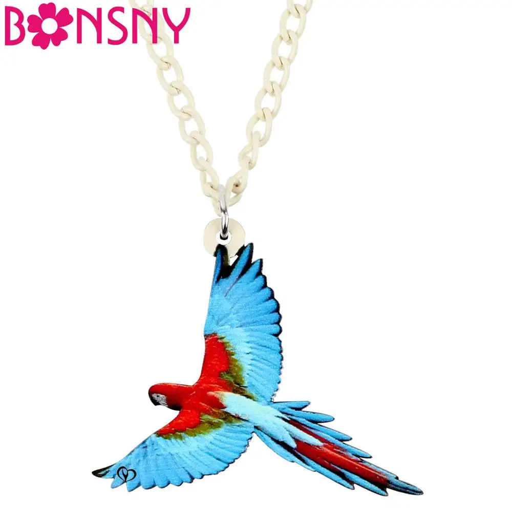 Bonsny Acrylic Red-and-green Macaw Parrot Bird Pendant Necklace Chain Choker Fashion Pet Jewelry For Women Girls Charm Gift