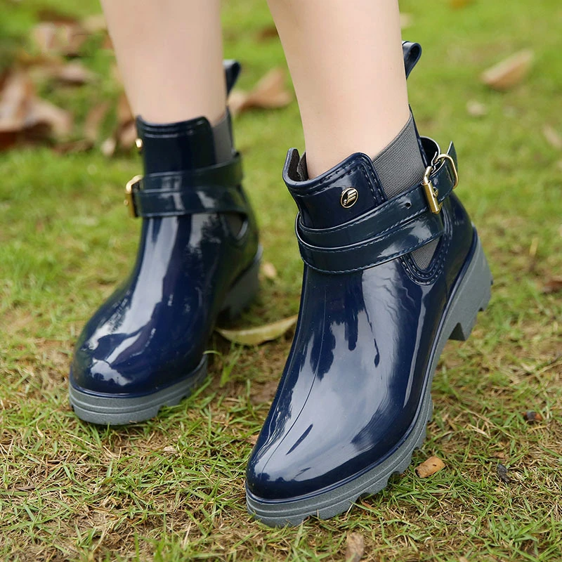 lady PVC Ankle Rain Boots Shoes Women Waterproof Short tube bright face ladies PVC elastic rubber shoes U-shaped water shoes