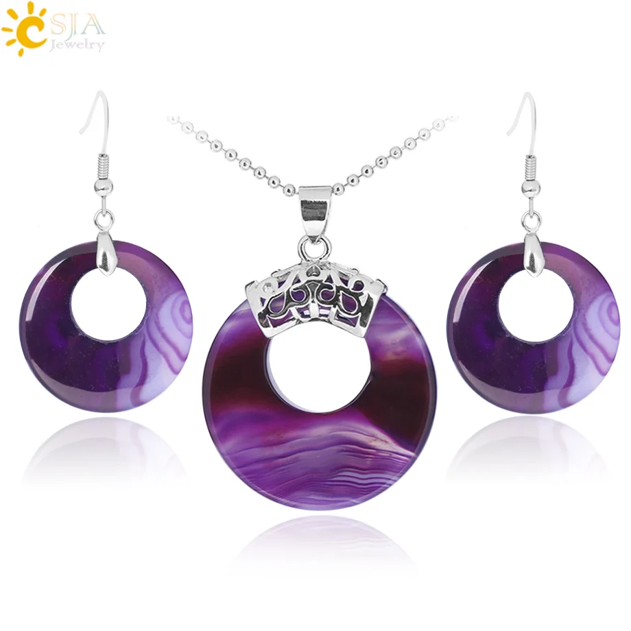 CSJA Jewellery Sets for Women Natural Hollow Round Gem Stone Onyx Unakite Purple Crystal Opal Earrings Necklaces Healing E568