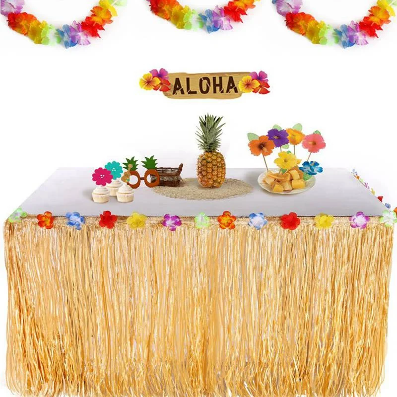 275x75cm Table Skirt Artificial Hibiscus Grass Table Skirts Tableware Hawaiian Luau Flower Grass Wedding Party Beach Decorations