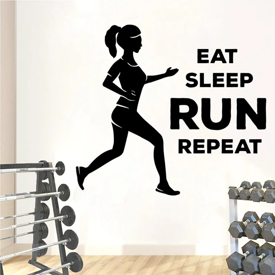 Fitness Wall Decals Eat Sleep Run Repeat Gym Words Quote Vinyl Wall Sticker Bedroom Decal Bodybuilding Workout Girl Mural S180