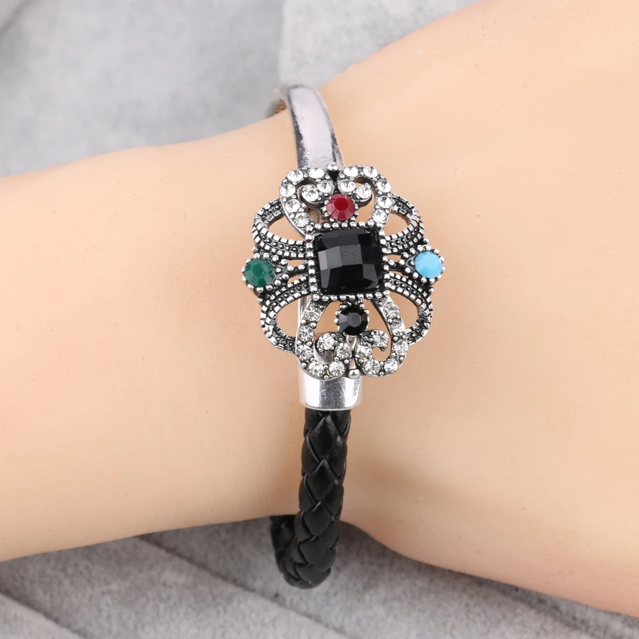 Punk Black Leather Bracelets For Women Vintage Silver Color Crystal Hollow Bow Knot Bracelet Bangles Fashion Jewelry 2018