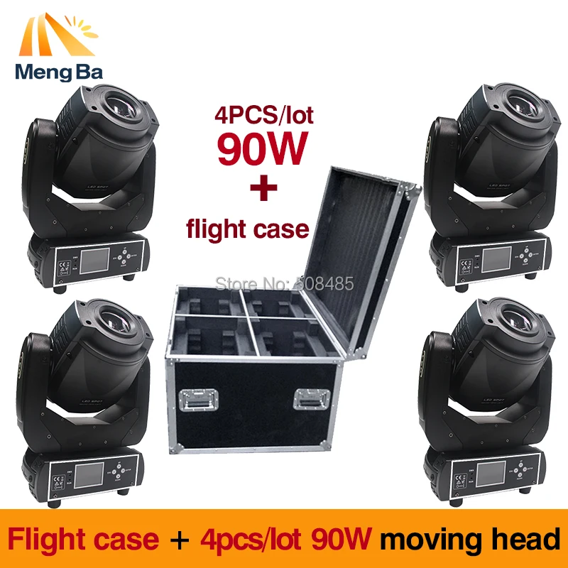 

Flight case +4pcs/lot 90W Gobo LED Moving Head Light 3 Face Prism DMX512 LCD Display DJ spot light for Stage Disco club Party