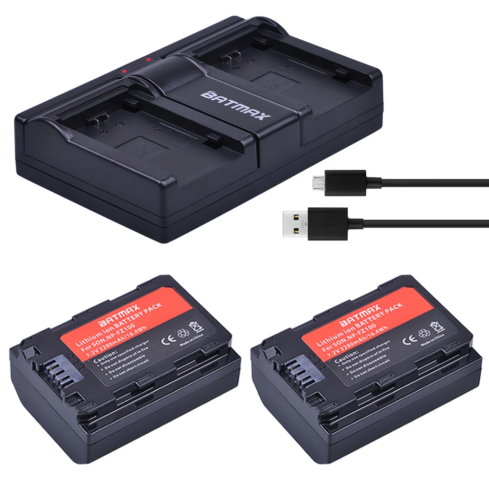 2Pc 2280mAh NP FZ100 Battery  NPFZ100 NP-FZ100 Battery + USB Dual Charger for Sony NP FZ100 Battery Sony A9, A7R III, A7 III Cam