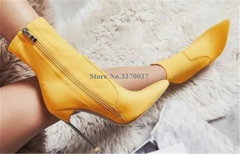 Brand Design Women Fashion Pointed Toe Suede Leather Stiletto Metal Heel Short Boots Pink Red Yellow High Heel Ankle Boots