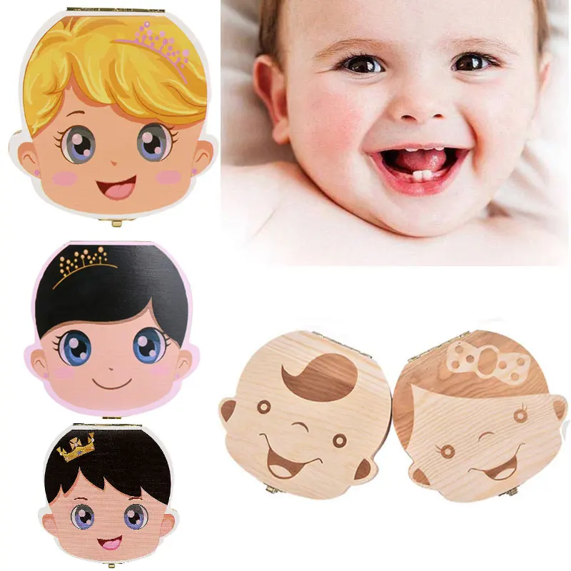 Spaans Engels Nederlands/Portugal Franse Rusland Baby Wood Tooth Box Organizer Melk Tanden Opslag Verzamelen Tanden Umbilica Besparen Geschenken
