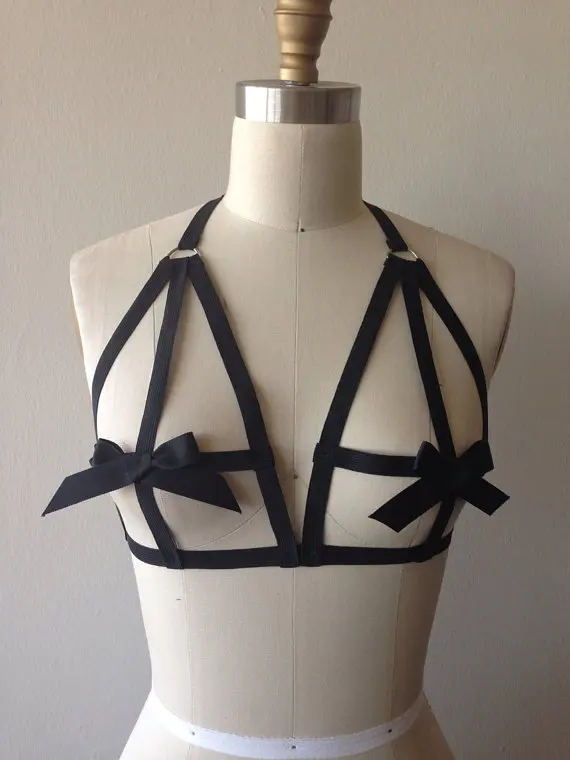 

Black Elastic Ribbon Pasties Bows Cage Bondage Goth Harness Burlesque Frame Bra Bralette Dancer Cage Exotic