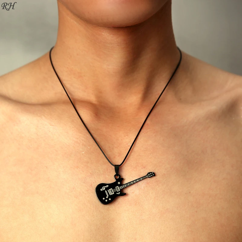 Fashion 316L Stainless Steel Guitar Necklace For Men Pendants Leather Chain Men Necklaces