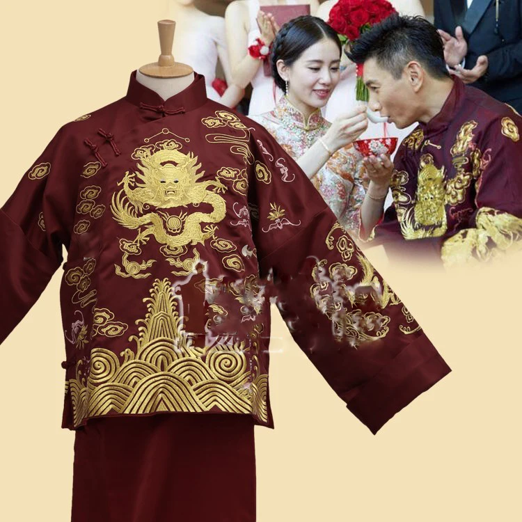 

Wu Qilong Liu Shishi High Quality Wine Red Groom Embroidery Hanfu Republican Period Wedding Costume Stage Performance or TV Play