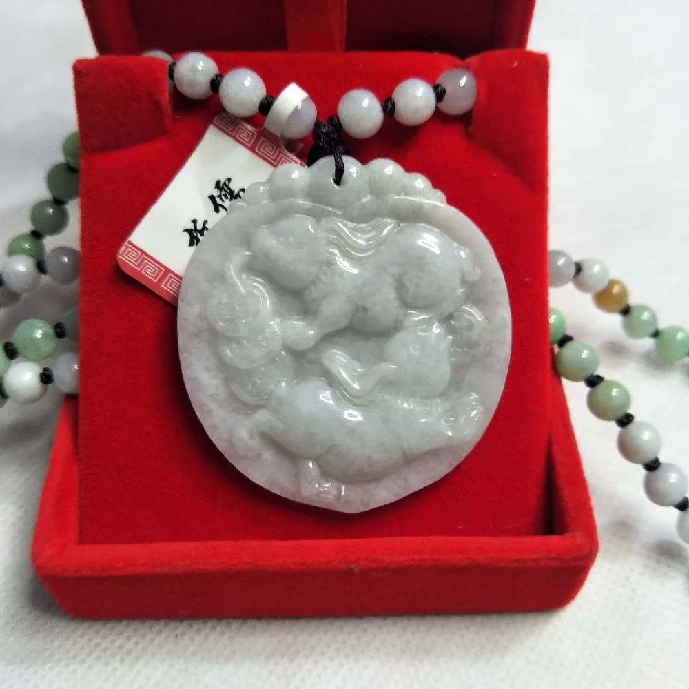 Zhe Ru Jewelry Pure Natural Jadeite Light Green Double Rabbit Pendant Tricolor Jade Pearl Necklace A Class A National Certificat