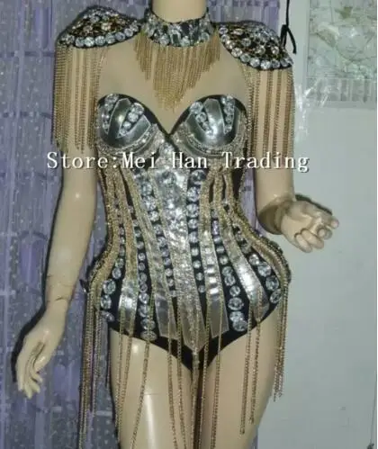 

Bright Crystals Chains Epaulet Bodysuit Dance Outfit Nightclub Bar Team Dancer Costume Heavy STYLE Female Performance Wear