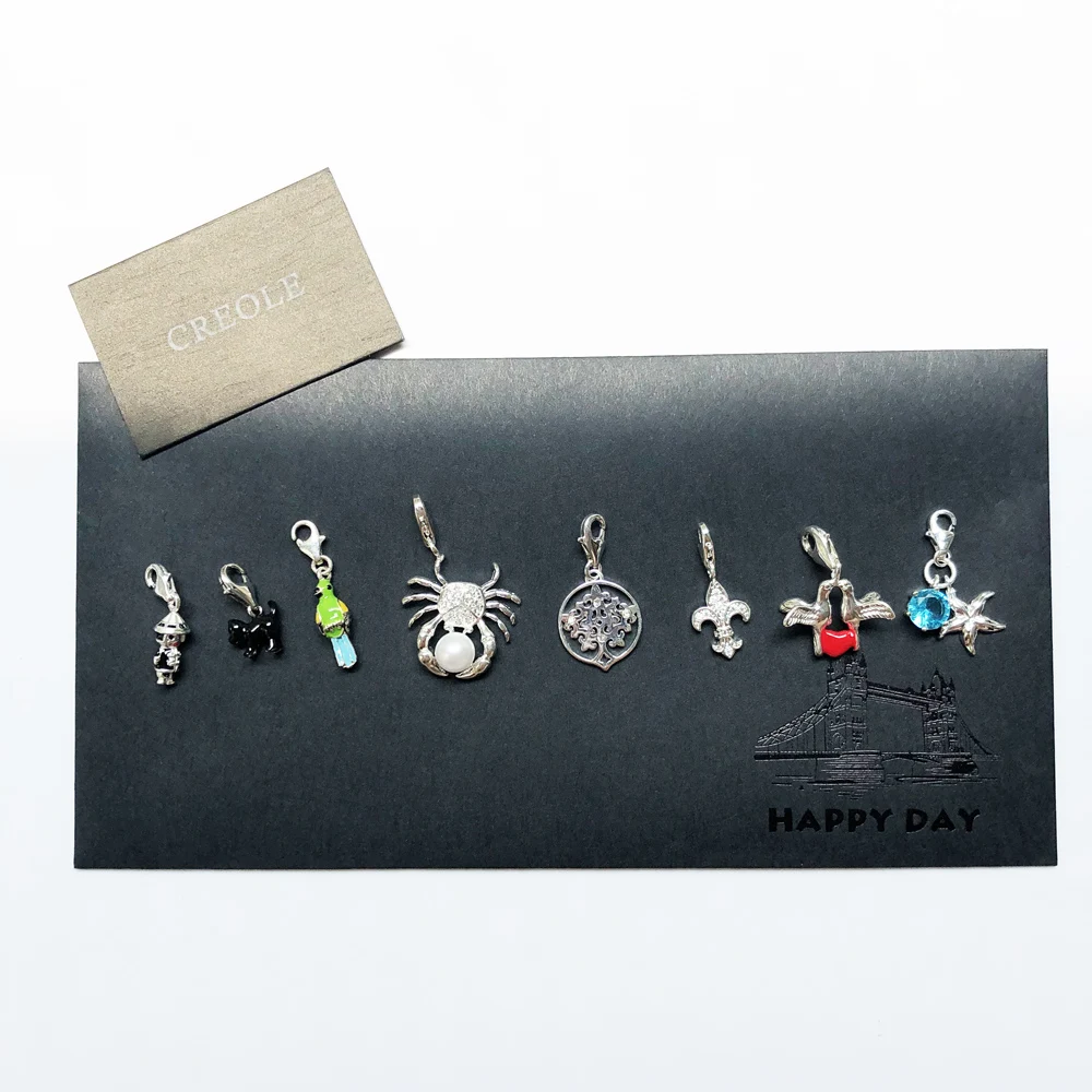 Black Cat Fleur-de-lis Lily Doll Parrot Tree Starfish Love Birds Crab Charm Pendant,2019 Summer Jewelry 925 Sterling Silver Gift