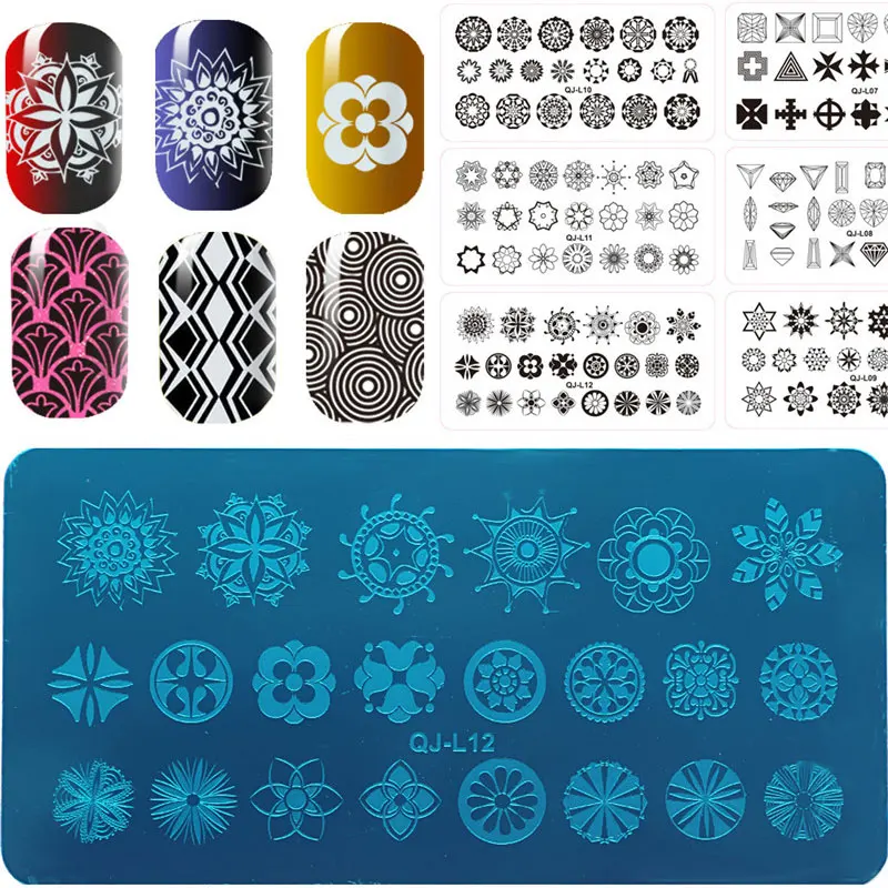 1Pcs DIY Designs Flower/Tree Steel Plates Nail Stencils Polish Templates DIY Image With White Pad Nail Stamping Plates L01-12