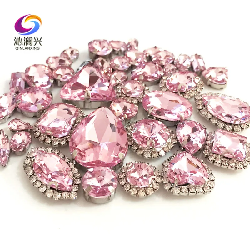 Pink Color Mix Size Crystal Buckle+claw Rhinestone,Silver Base Galss Sew on Stones Diy/Clothing Accessories 50pcs/pack