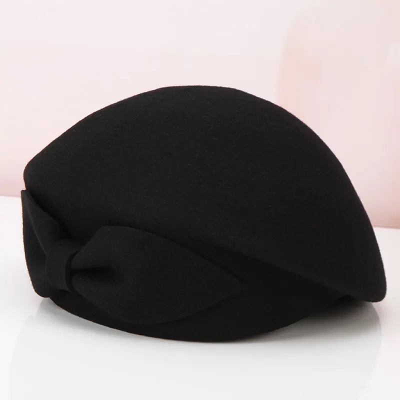 Lady Wool Fedoras Hat British Retro Woolen Bow Beret Cap Female Bowtie Party Painter Hat Stewardess Fashion Cap B-8900