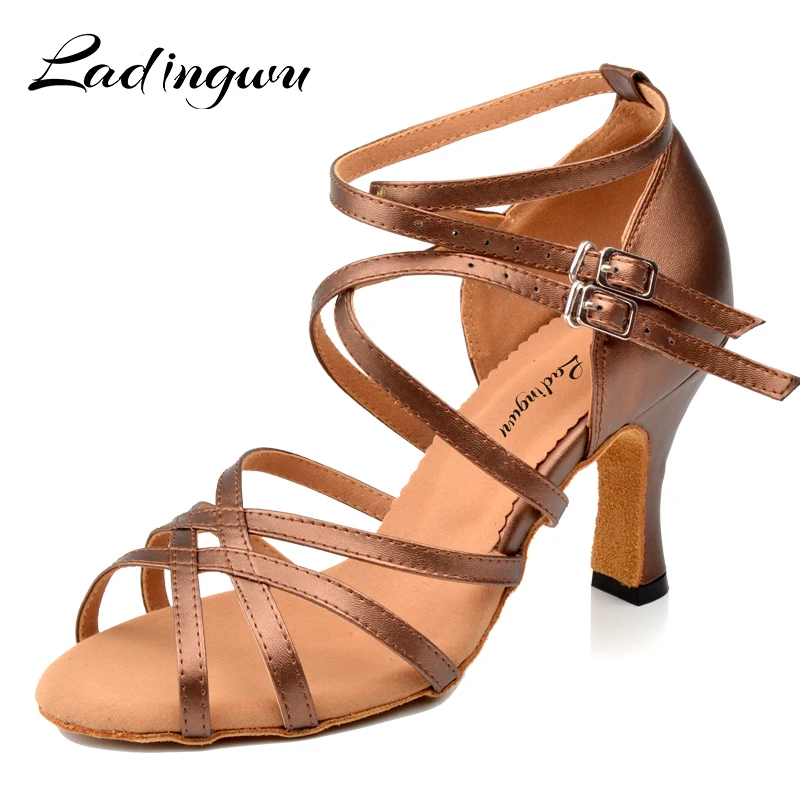 Ladingwu Women's Artificial Leather Dance Shoes Latin Ballroom Soft Bottom Dancing Sandals Brown Ladies Ballroom Footwear