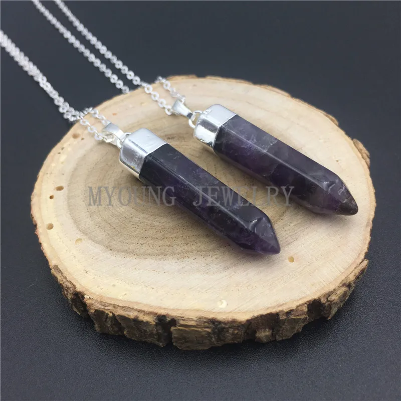 MY0829 Amethysts Spike Point Pillar Pendant Charm Necklace,Purple Crystal Silver Color Chain Necklace kolye