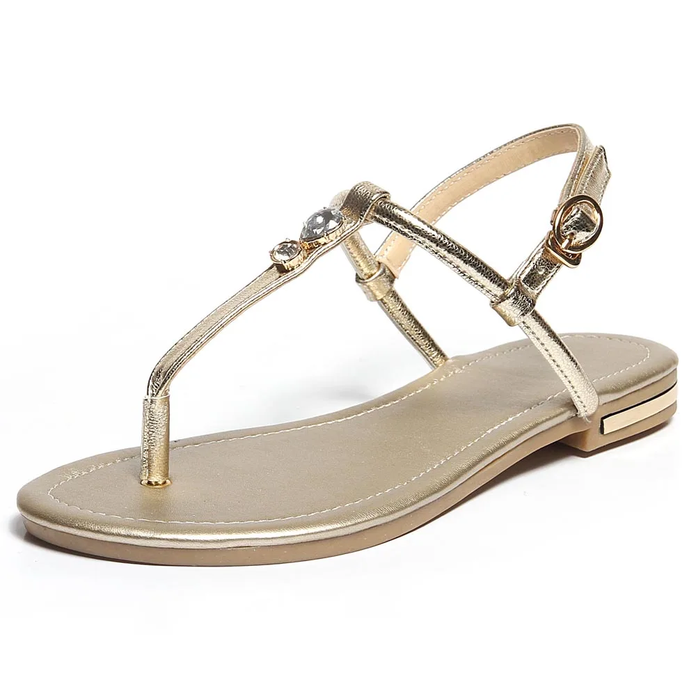 FOREADA Women Shoes Summer Sandals Genuine Leather Crystal Flat Shoes Buckle Open Toe T-Strap Sandals Ladies Gold Plus Size 3-12