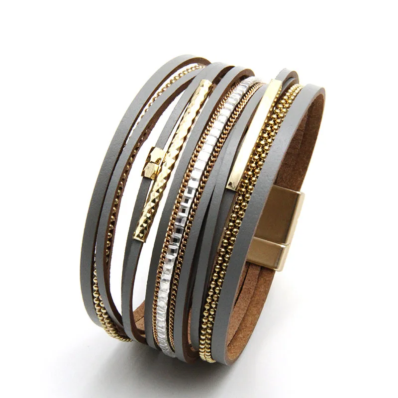 ZG Leather Bracelet for Women Jewelry X Cross Magnet Snake Skin Pattern Rhinestone Wrap Multilayer Bangles Female Jewelry