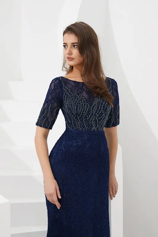 Hsdyqhome incrível azul marinho sereia noite drsss ilusão malha manga curta andar de comprimento vestido de festa feminino