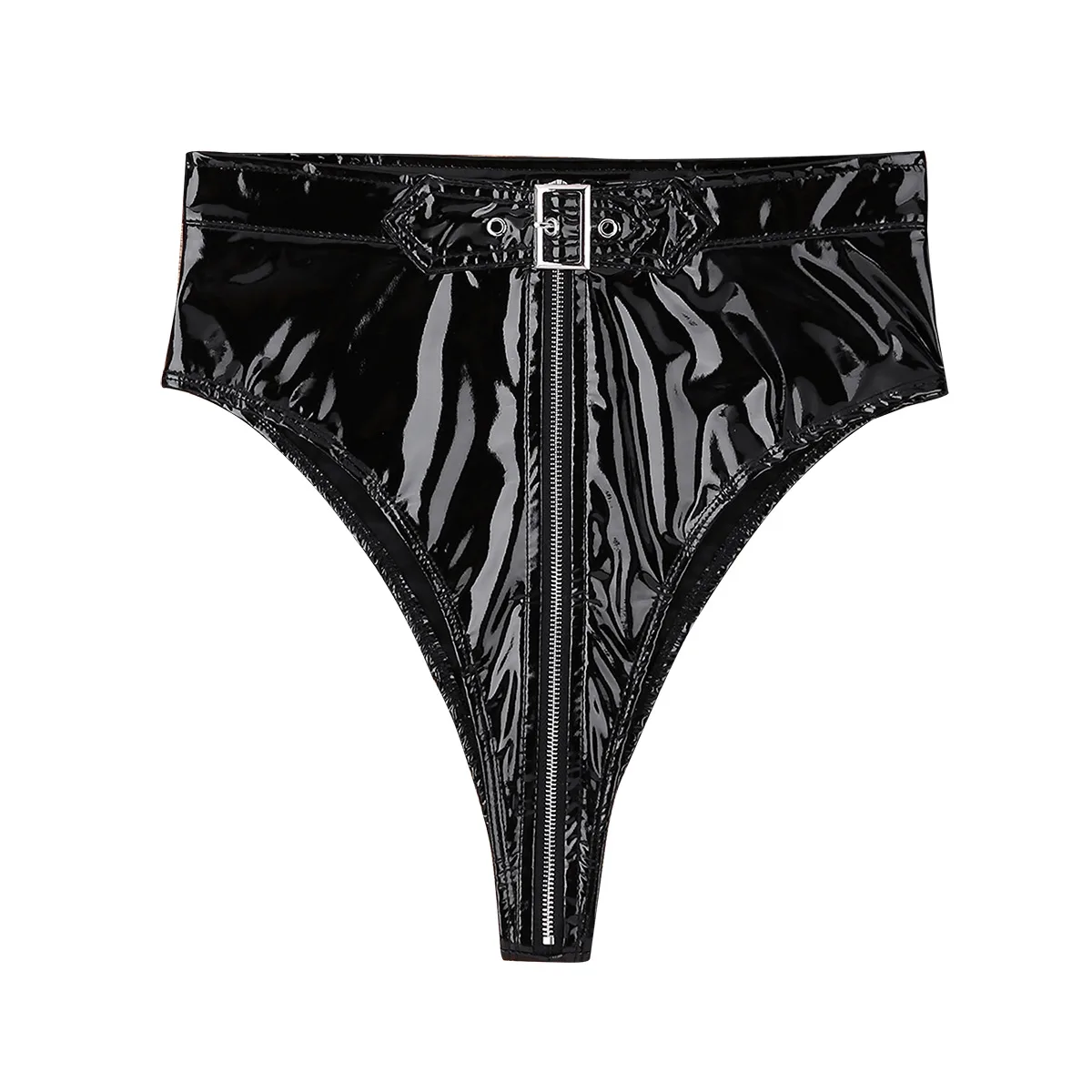 Women Black Lingerie Sexy Panties Wet Look PVC High Cut Front Zippered with Belt Briefs Underwear Underpants for Ladies Clubwear