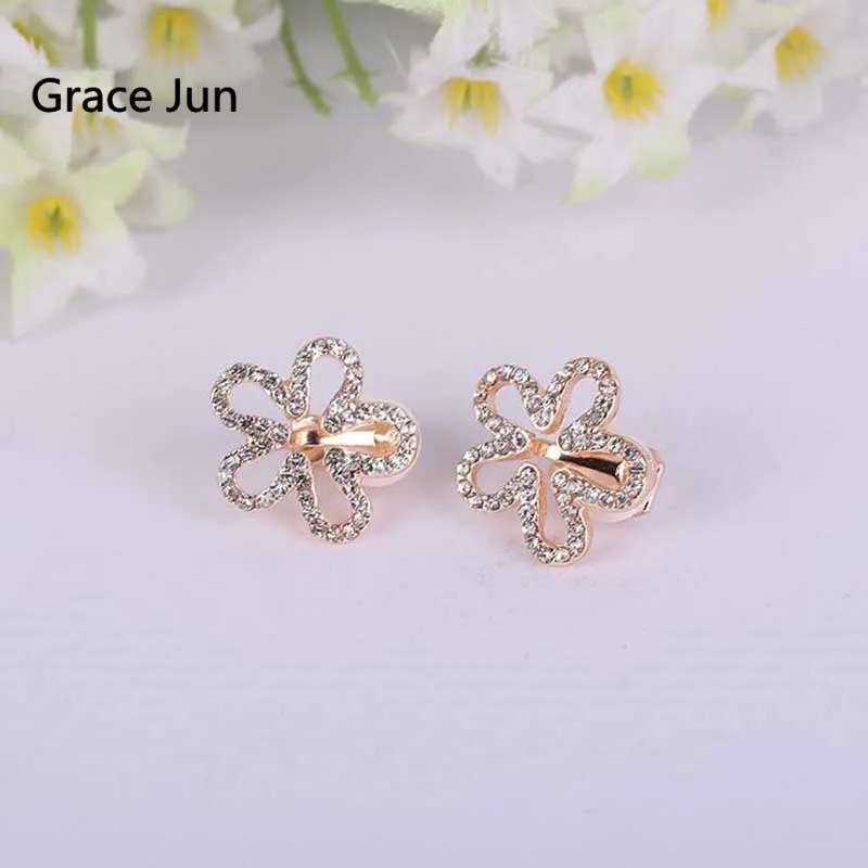 Rhinestone Hollow-out Flower Clip on Earrings Without Piercing for Women Luxury Fashion Cuff Cushion Earrings Gorgeous Brincos